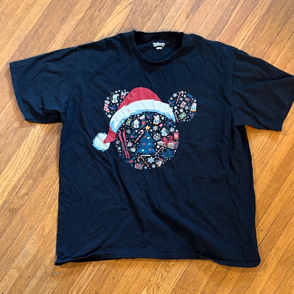 Disney Black Tee with Christmas Mickey Mouse Logo